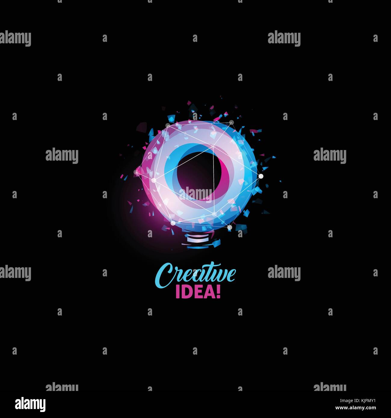 Creative idea logo, light bulb abstract vector icon. Isolated pink and blue round shape, stylized lamp with text. Digital innovation technology vector illustration. Stock Vector