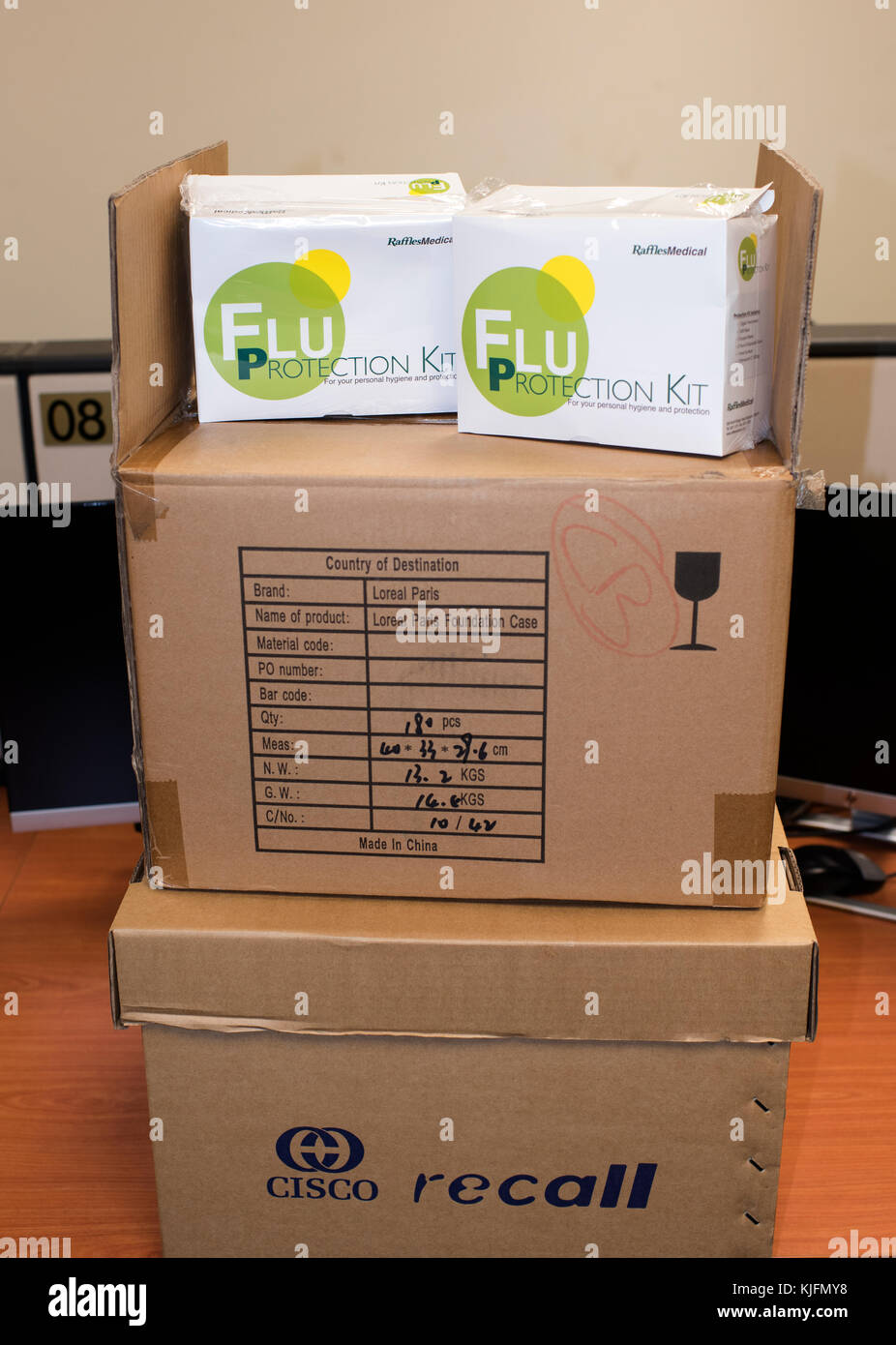 Boxes of old flu protection equipment Stock Photo