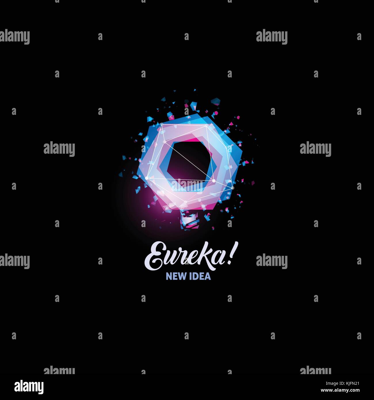 Eureka, new idea logo, light bulb abstract vector icon. Isolated pink and blue color polygons shape, stylized lamp with text. Digital innovation technology vector illustration. Stock Vector