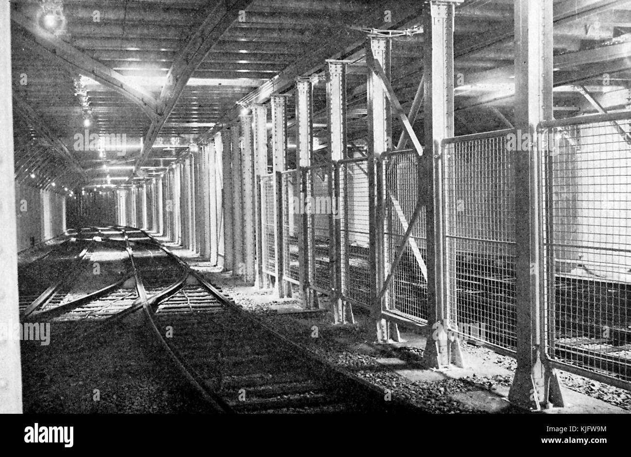Photograph of the interior divisions and tracks of the original subway