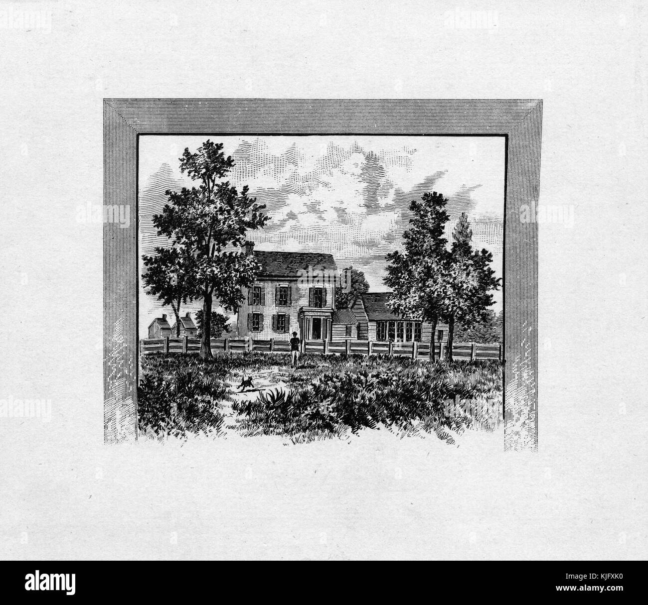 Engraved depiction of Red Hill Plantation, house in the middle, trees