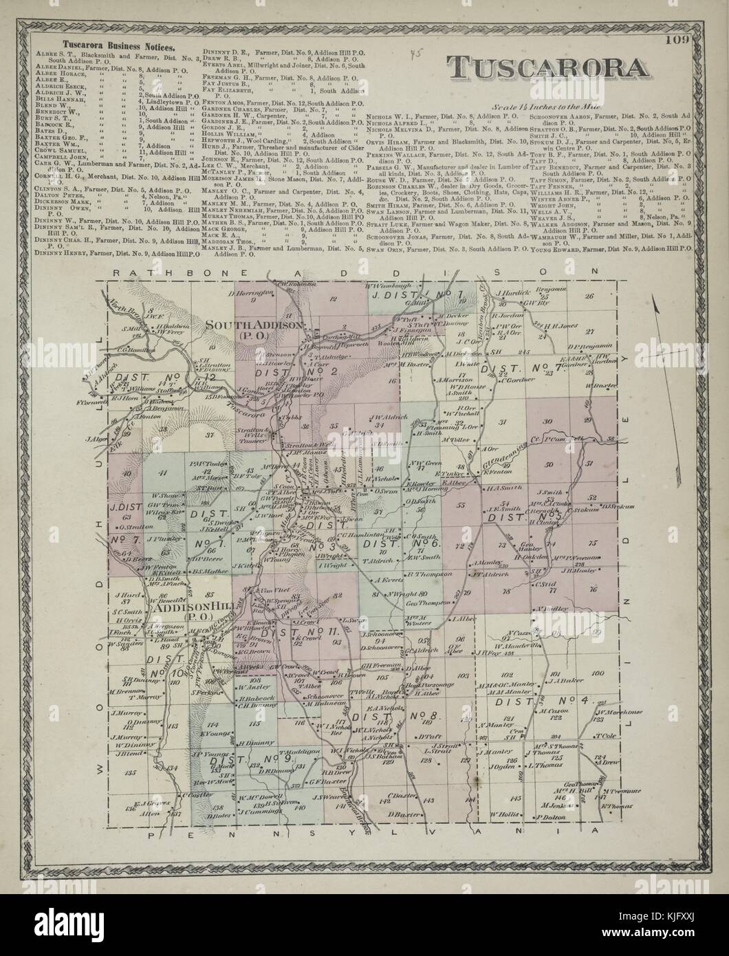 Engraved map image from an atlas, with original caption reading 'Tuscarora Business Notices, Tuscarora Township', 1873. From the New York Public Library. Stock Photo