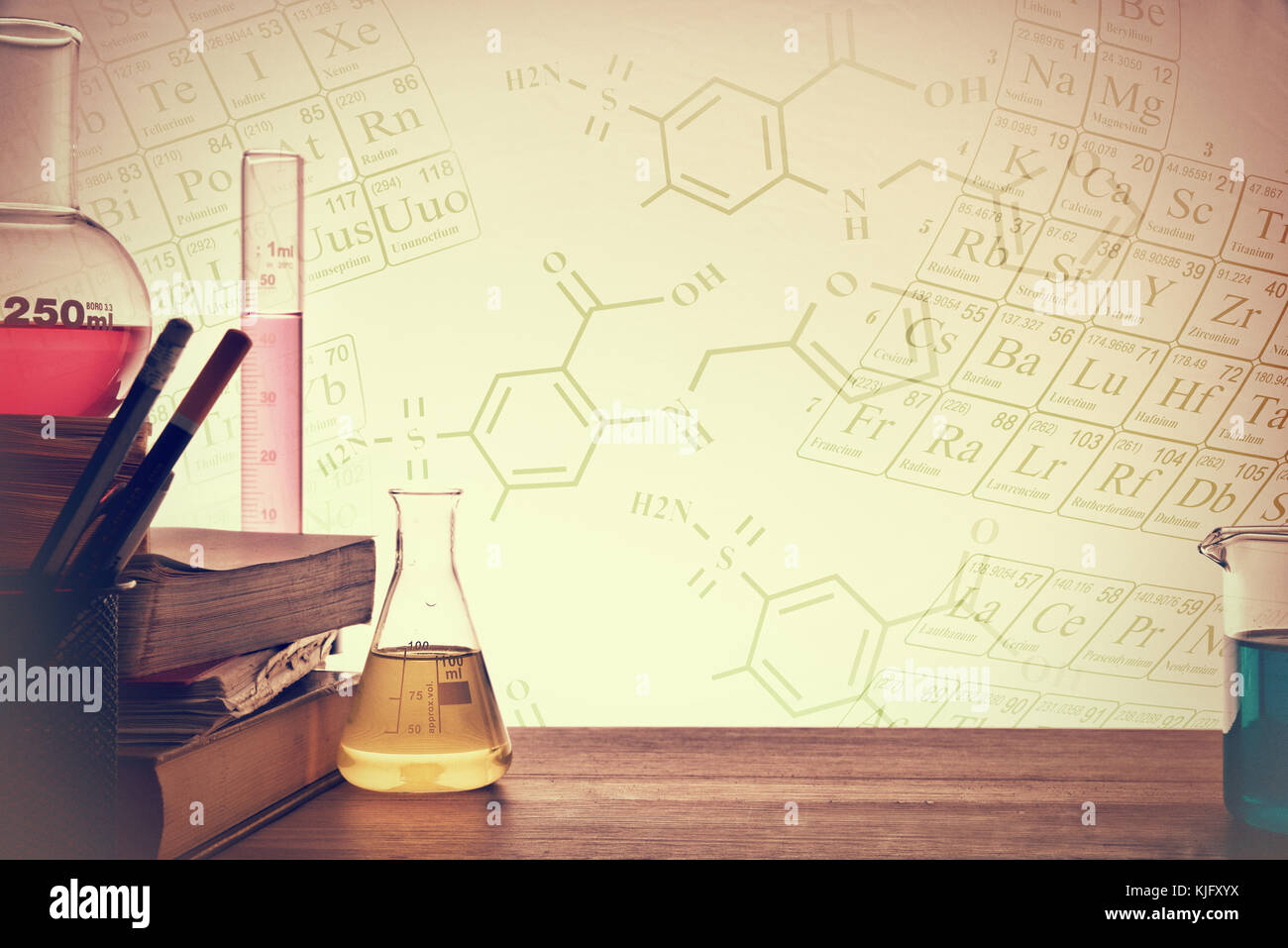 Classroom desk of chemistry teaching with books and instruments