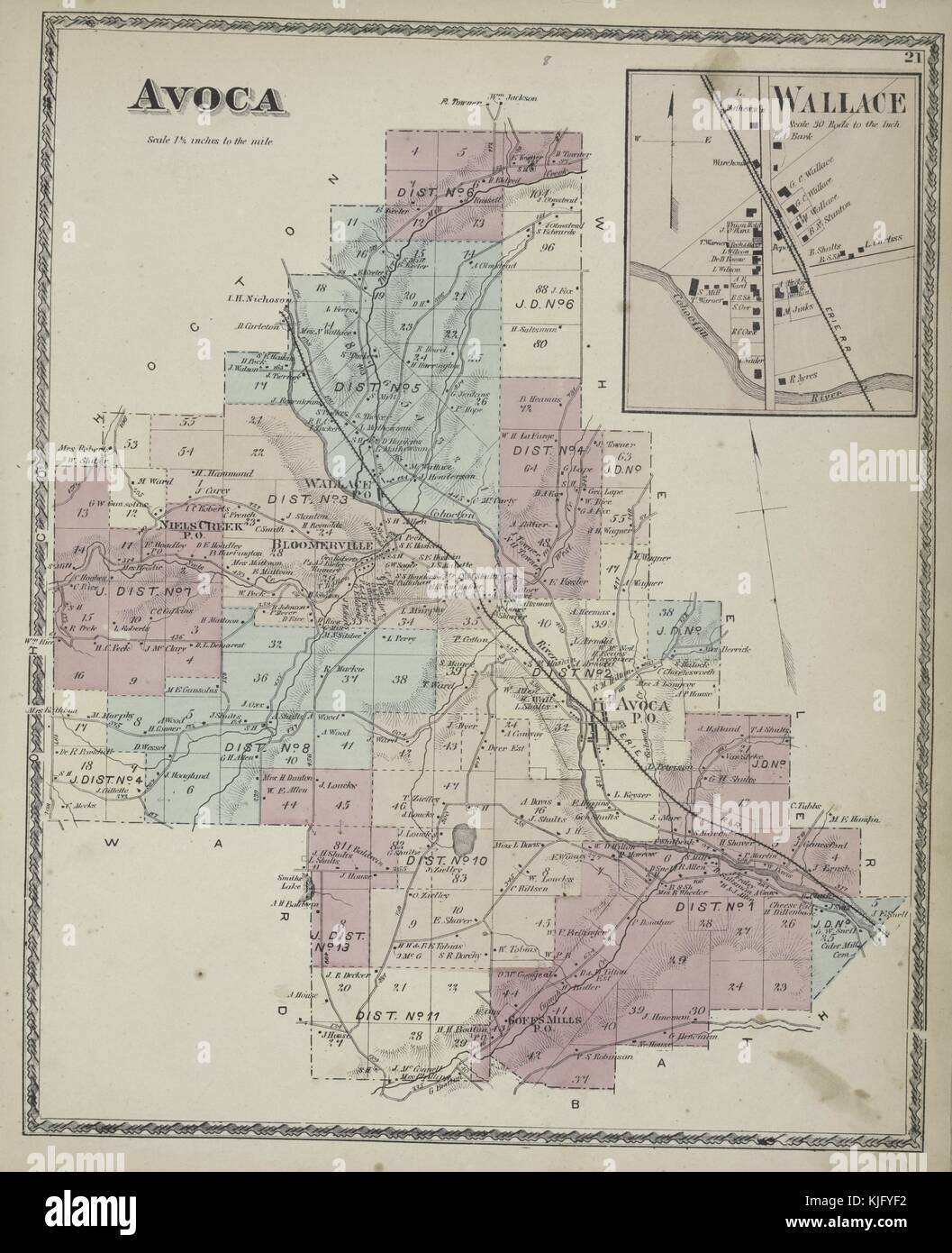 Engraved map image from an atlas, with original caption reading 'Avoca