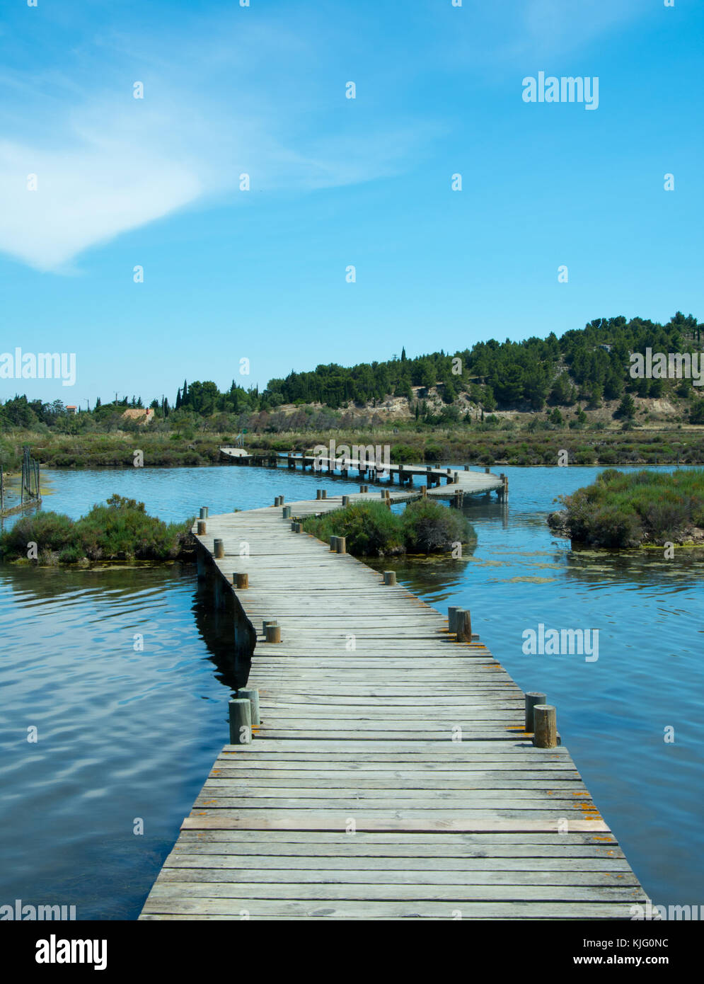 A boardwalk stretches out over calm  lagoon in a wild natural setting - an ideal location for bird watching and getting back to nature Stock Photo