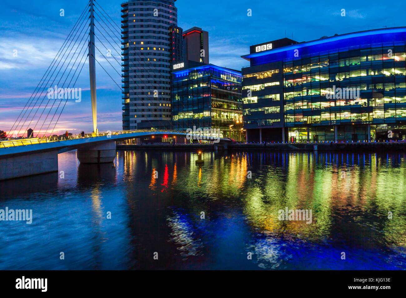 Evening Images of Media City Salford on the Manchester Ship Canal. Salford Quays. Stock Photo