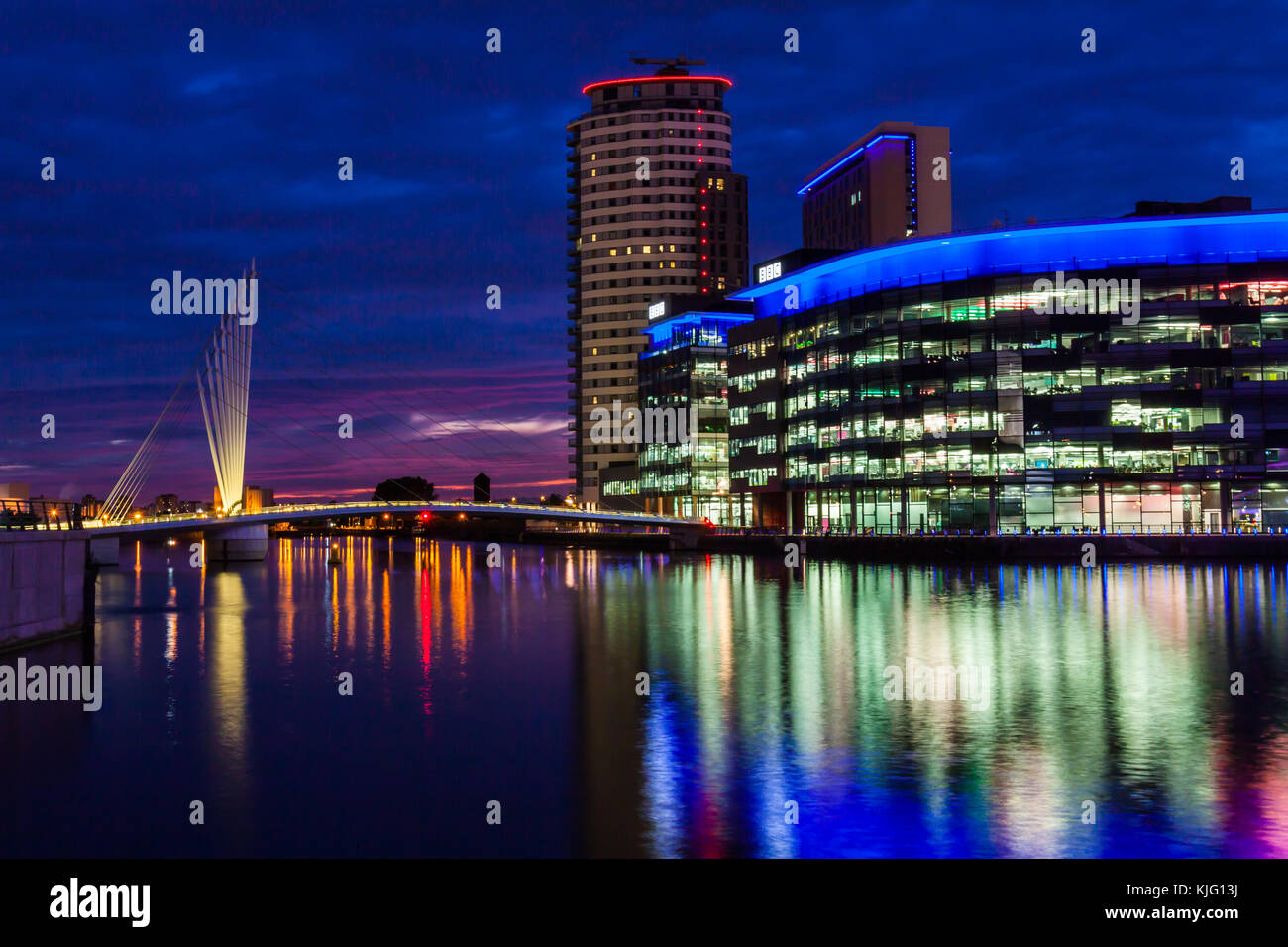 Evening Images of Media City Salford on the Manchester Ship Canal. Salford Quays. Stock Photo