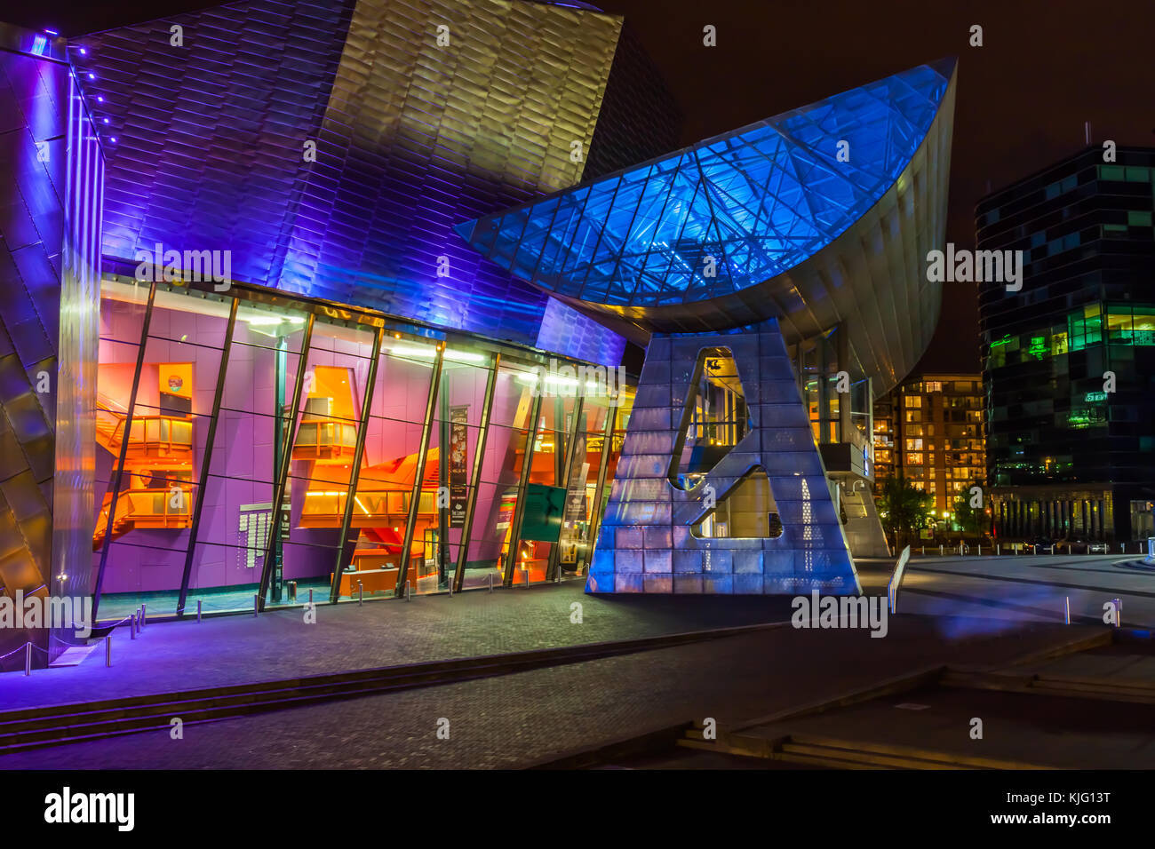 Late Evening at the Main Entrance to the Lowry Theatres and Art Galleries at Salford Quays. Stock Photo