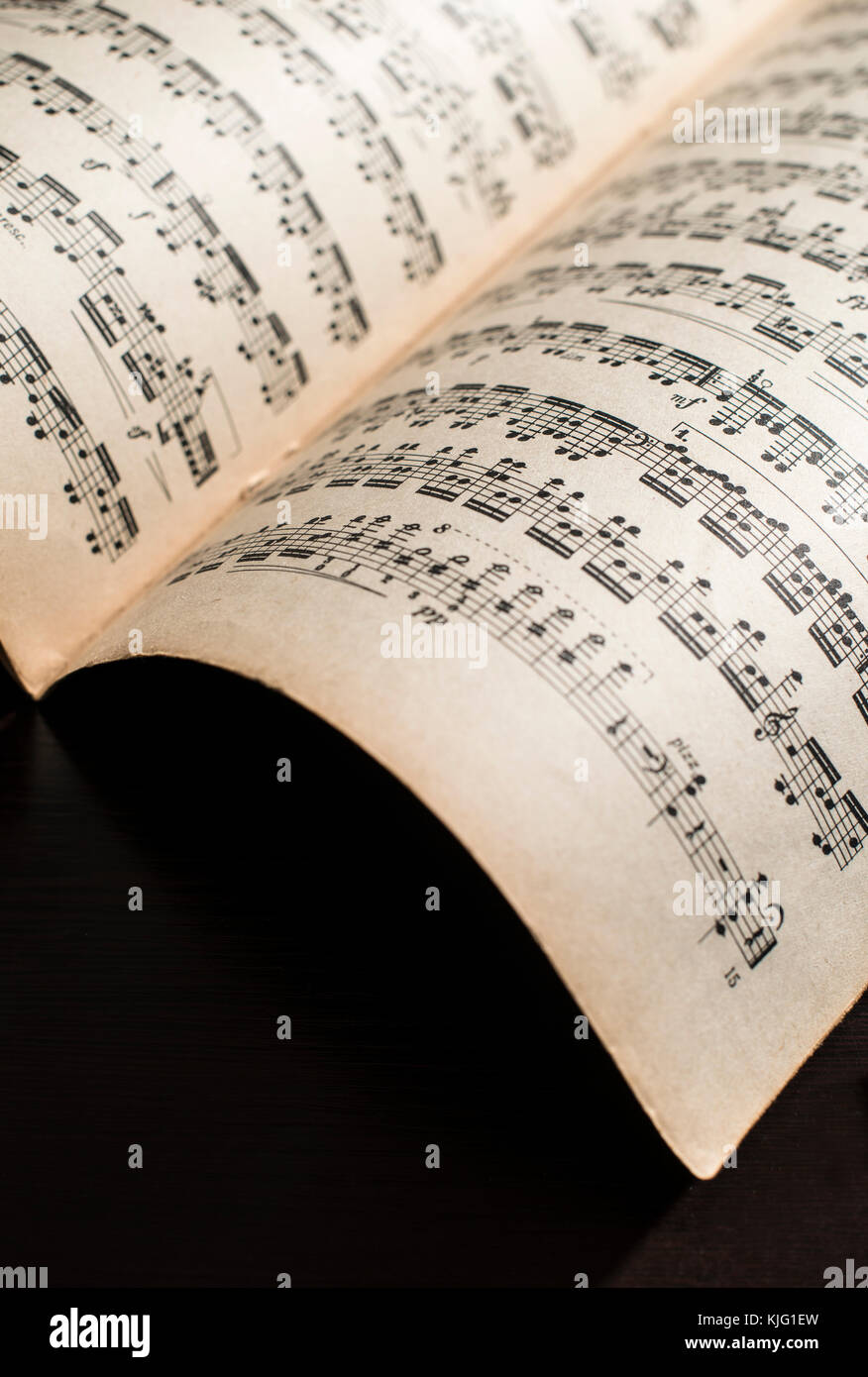 Music notation book. Page with music notes. Vinatge pages Stock Photo
