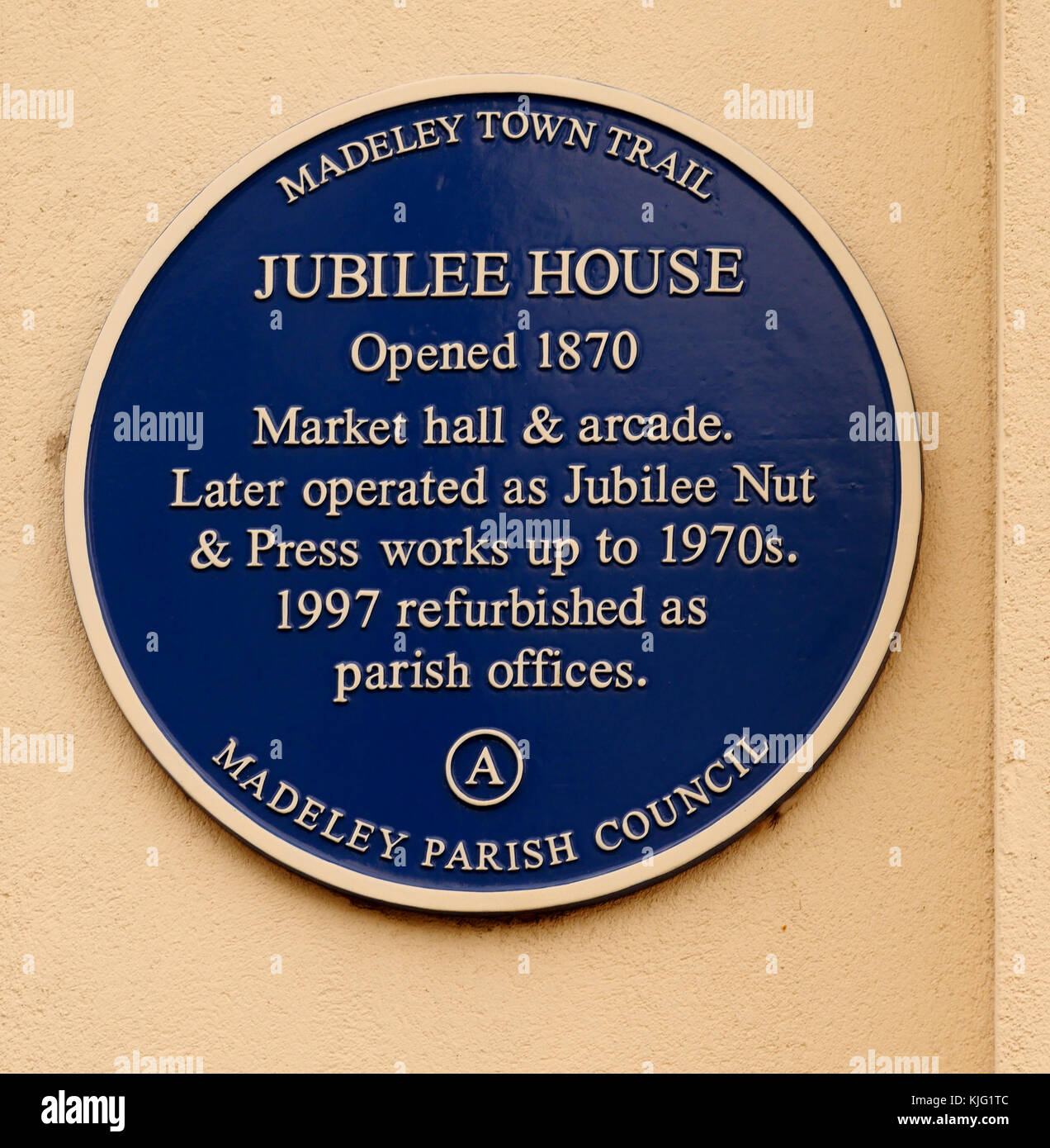 Heritage blue plaque at Jubilee House, Madeley, Telford, Shropshire, England, UK now the parish offices Stock Photo