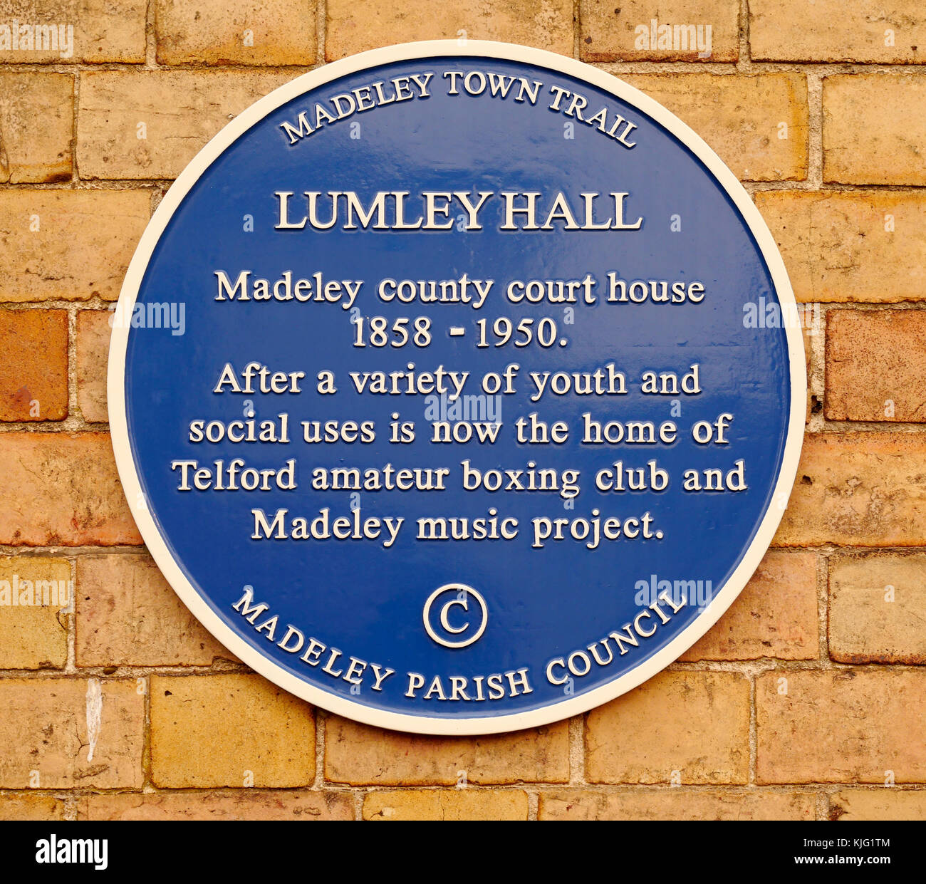 Heritage Blue Plaque at Lumley Hall, Madeley, Telford, Shropshire, England, UK. Stock Photo