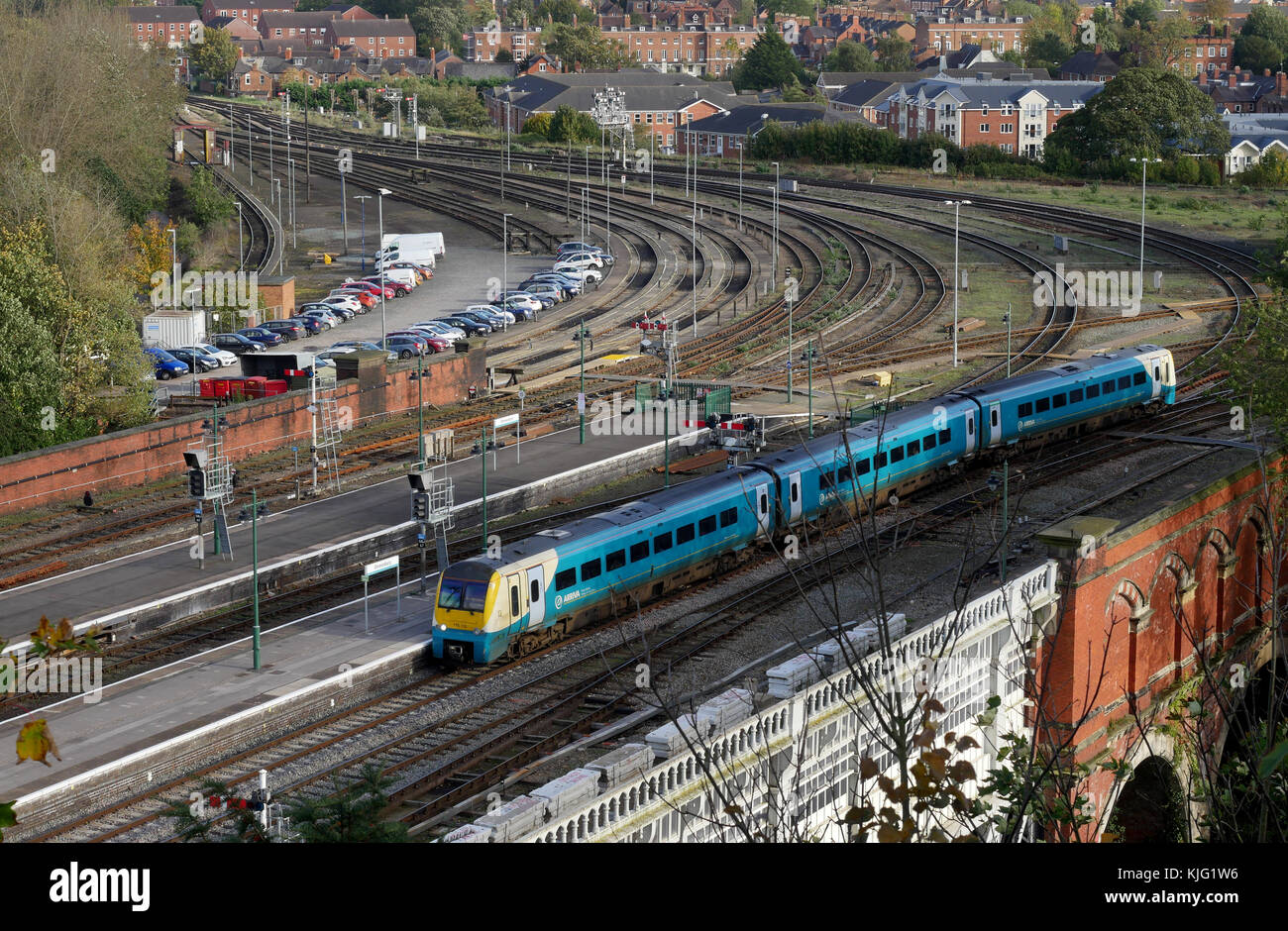 An Arriva Class 175 Coradia DMU train approaches Shrewsbury Railway Station from the English Bridge Junction, Shrewsbury, Shropshire, England, UK Stock Photo