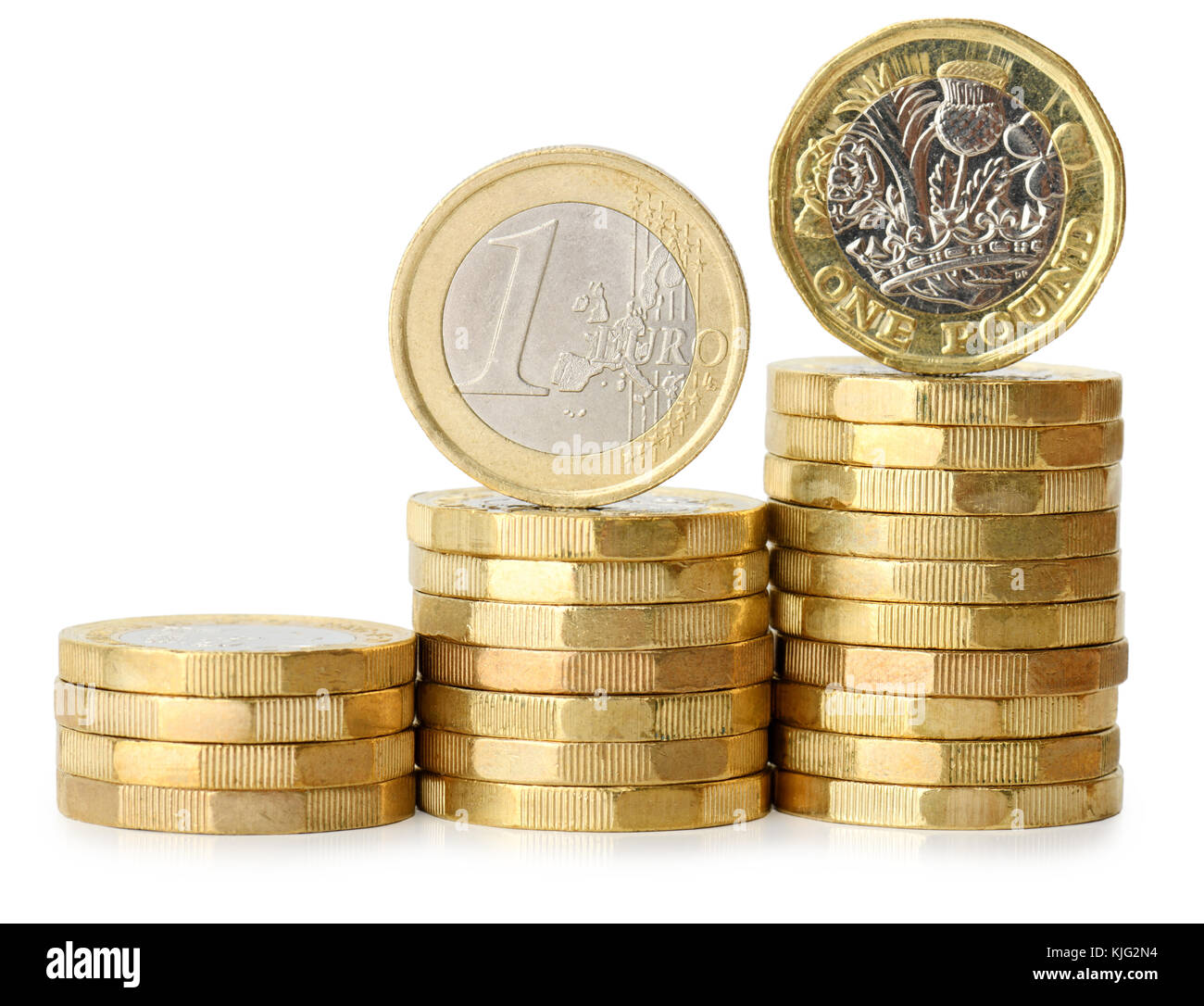 increasing stack of coins with one euro and one pound coin isolated on a white background Stock Photo