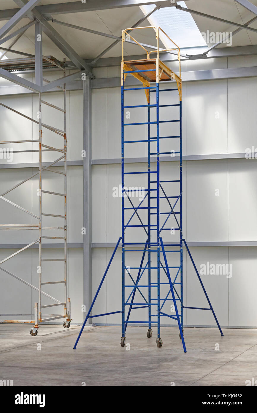 Mobile Scaffold Platform Tower in Distribution Warehouse Stock Photo