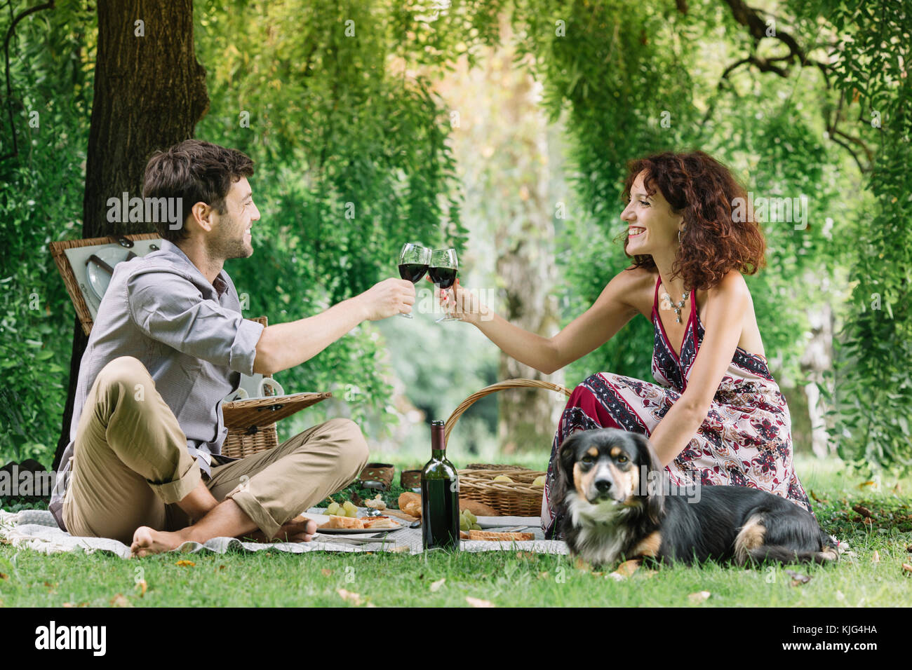 Couple with dog having a picnic in a park drinking red wine Stock Photo ...