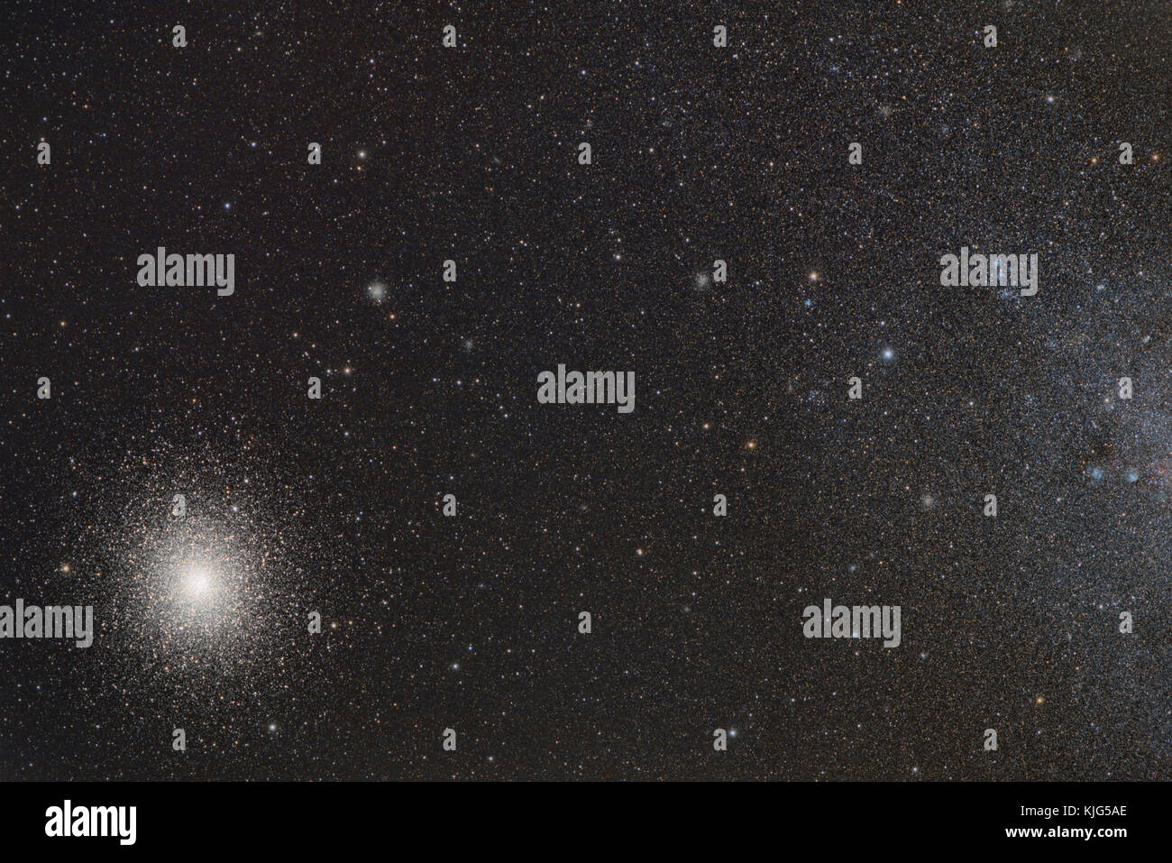 Namibia, Region Khomas, near Uhlenhorst, Astrophoto of the globular cluster 47 Tuc (NGC 104) and its neighbor spiral galaxy Small Magellanic Cloud (SMC, NGC 292) with a telescope Stock Photo