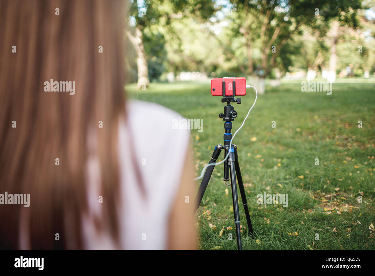Woman working with camera phone on tripod on a meadow Stock Photo