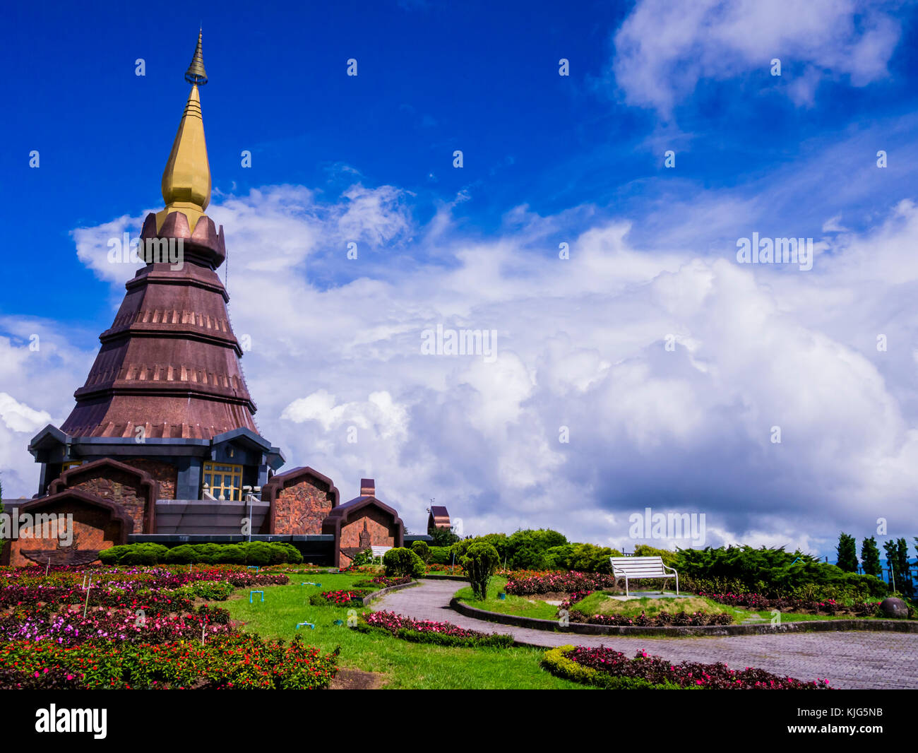 Stupa and garden on the top of Doi Inthanon, Thailand Stock Photo