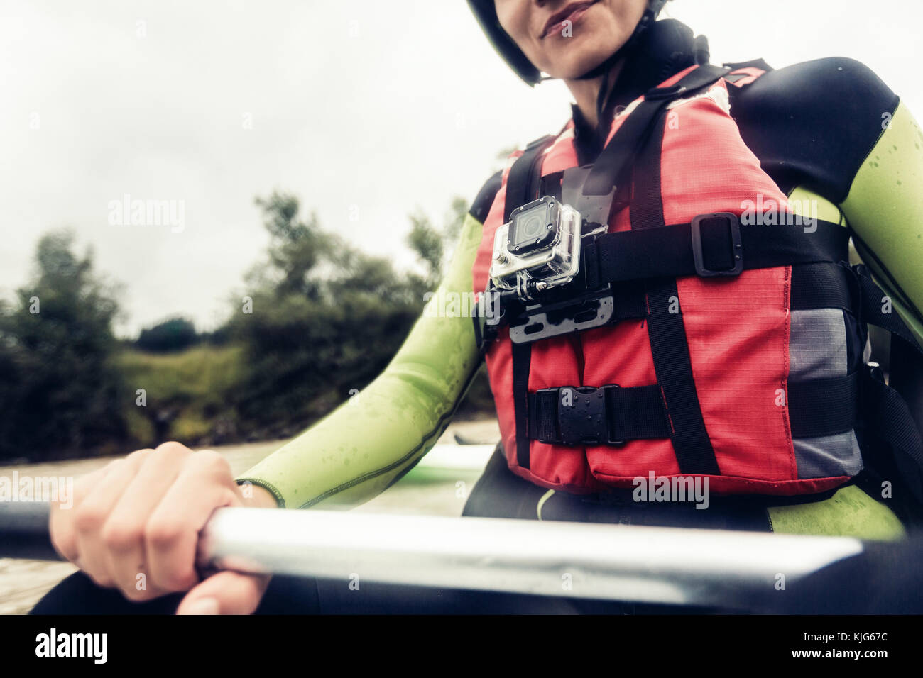 Germany, Bavaria, Allgaeu, close-up of kayaker with action cam Stock Photo