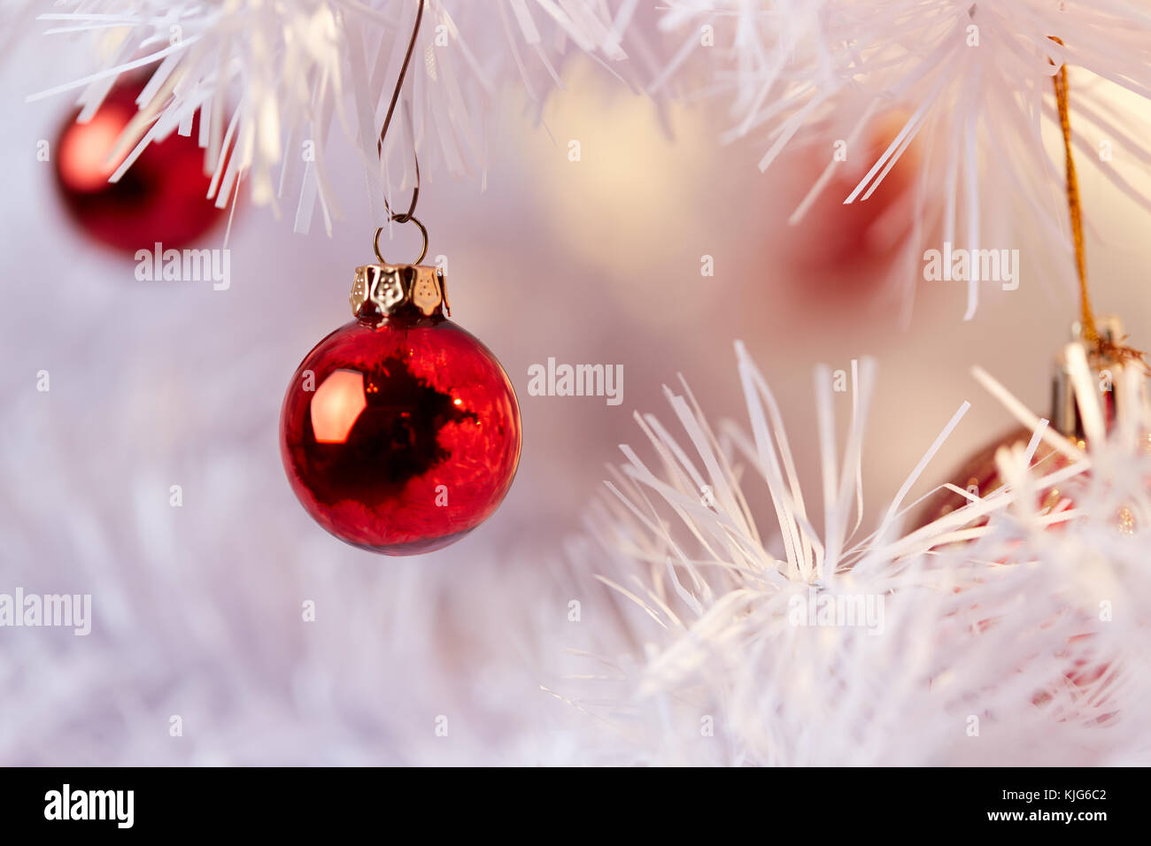 Red and Golden Christams Balls hanging on the white branches of a ...