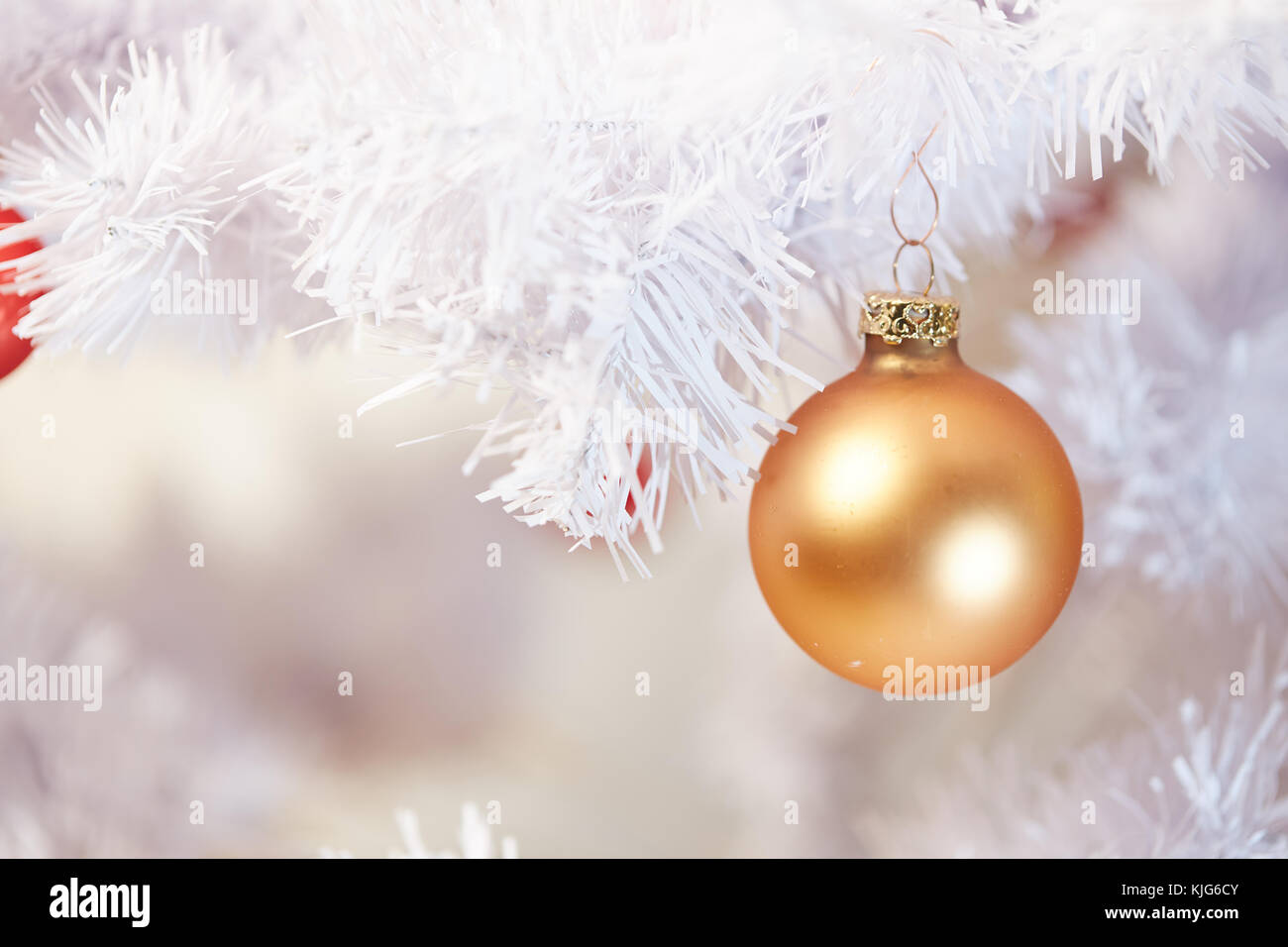 Red and Golden Christams Balls hanging on the white branches of a ...