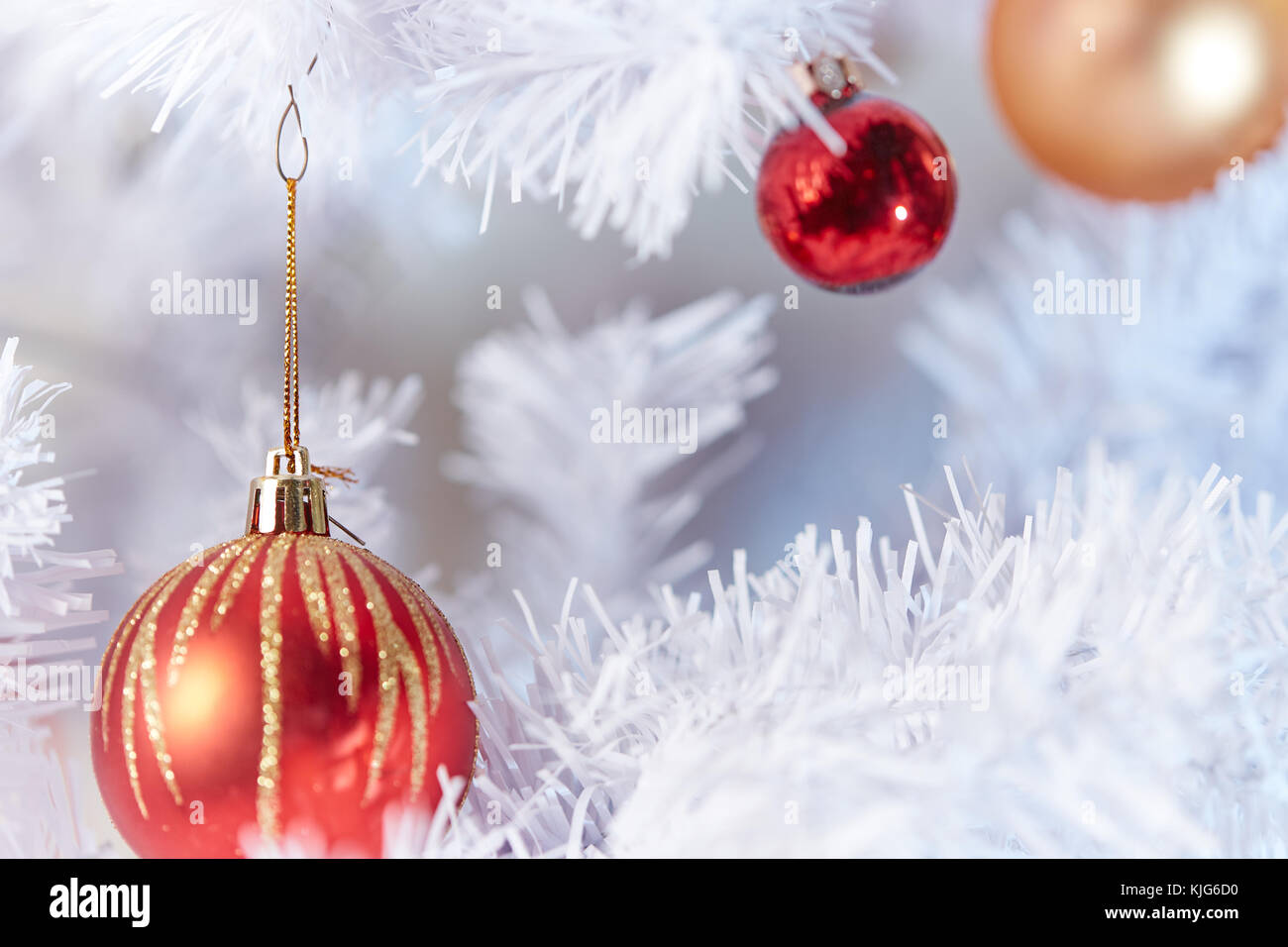Red and Golden Christams Balls hanging on the white branches of a ...