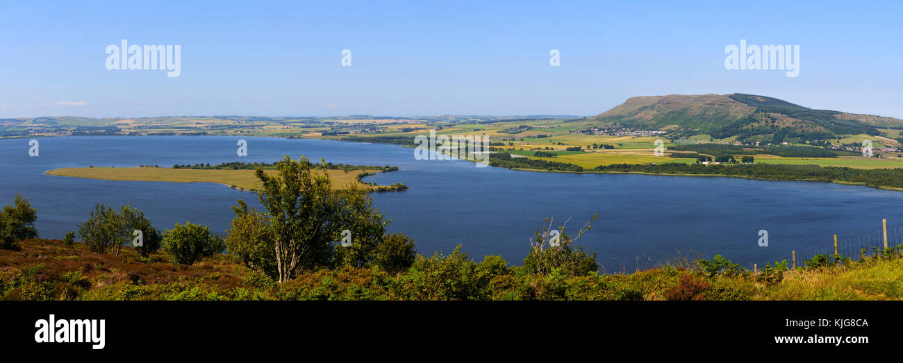 Panoramic view across Loch Leven to the Lomond Hills from the slopes of Benarty Hill, Perth and Kinross, Scotland Stock Photo