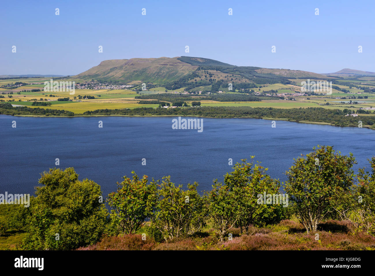 View across Loch Leven to the Lomond Hills from the slopes of Benarty Hill, Perth and Kinross, Scotland Stock Photo
