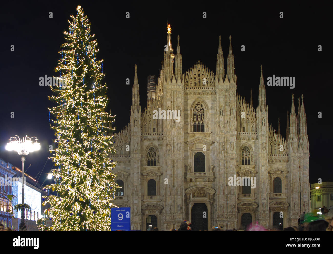 an illuminated Christmas tree in Duomo square in Milan, Italy Stock Photo