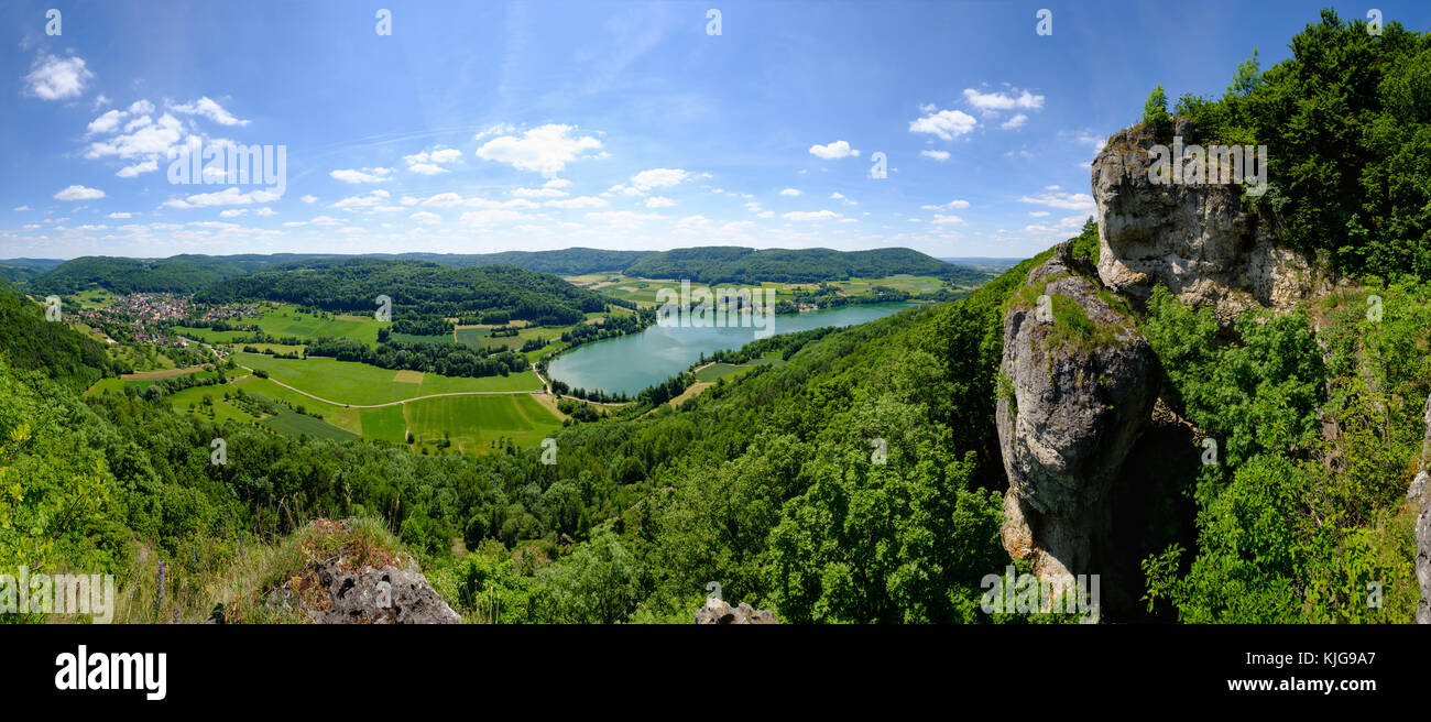 FÃ¶rrenbach und Happurger See, Ausblick von der Houbirg, bei Happurg, Hersbrucker Alb, Mittelfranken, Franken, Bayern, Deutschland Stock Photo