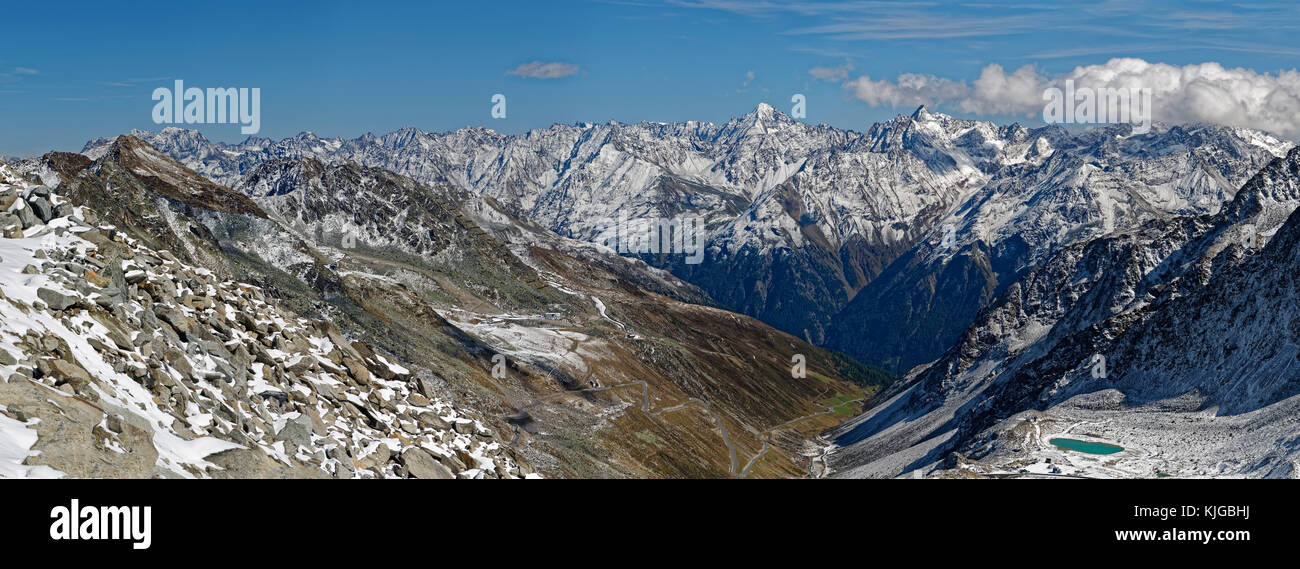 Austria, Tyrol, Oetztal, Soelden, Schwarze Schneid, view towards Oetztal Glacier Road and Oetztal Alps Stock Photo