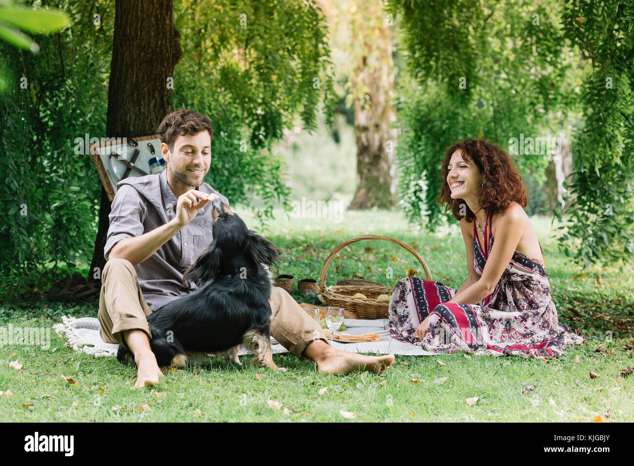 Couple with dog having a picnic in a park Stock Photo - Alamy