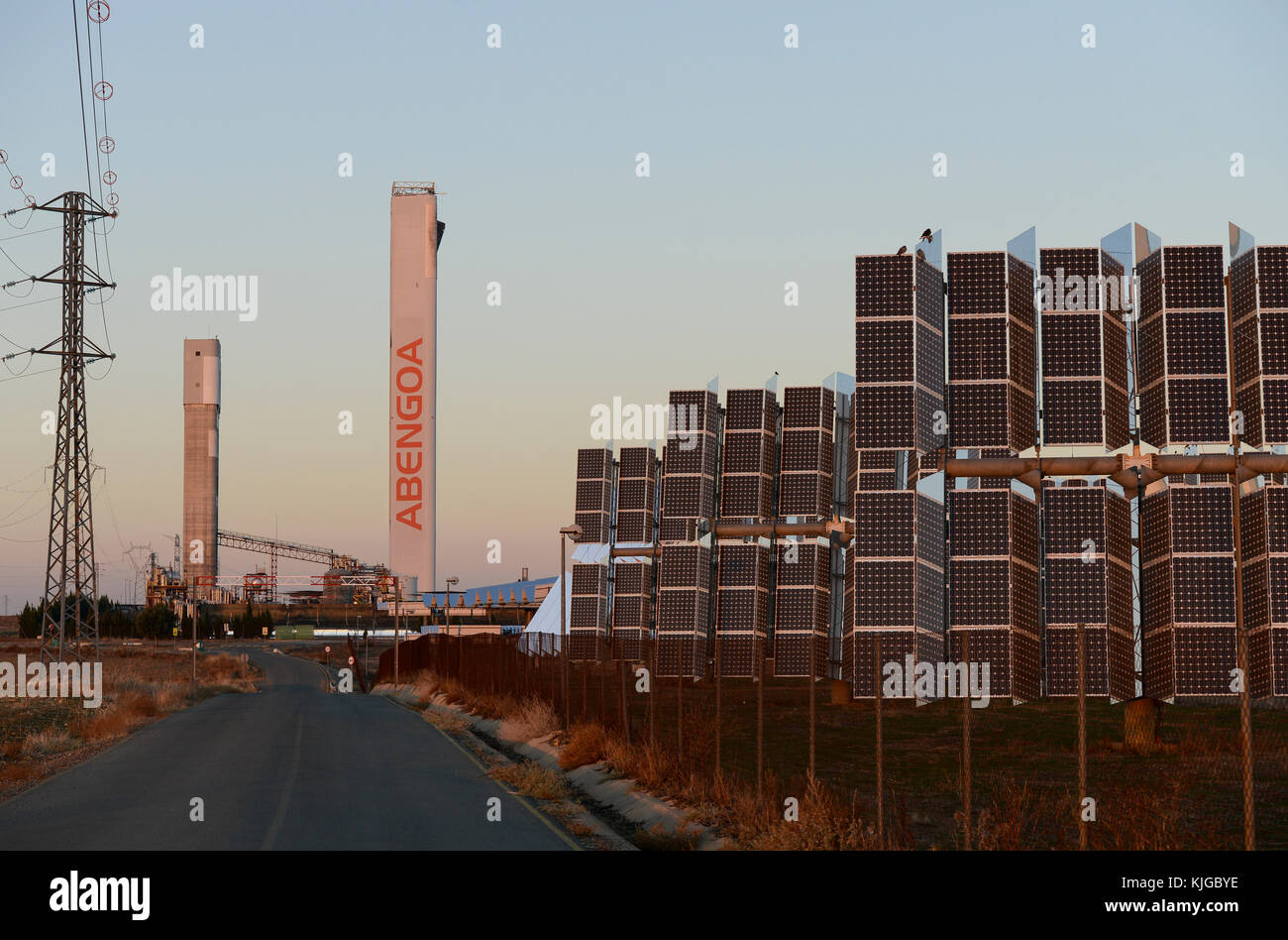 Spain, Seville, Sanlucar la Mayor, Solnova solar power station with flat heliostats and tower PS10 and PS20 by company Abengoa Stock Photo