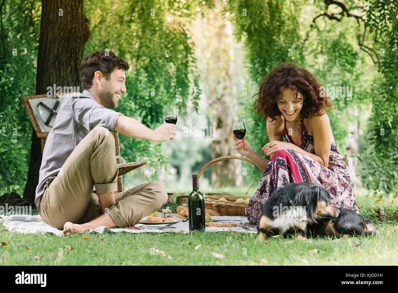 Couple with dog having a picnic in a park drinking red wine Stock Photo ...