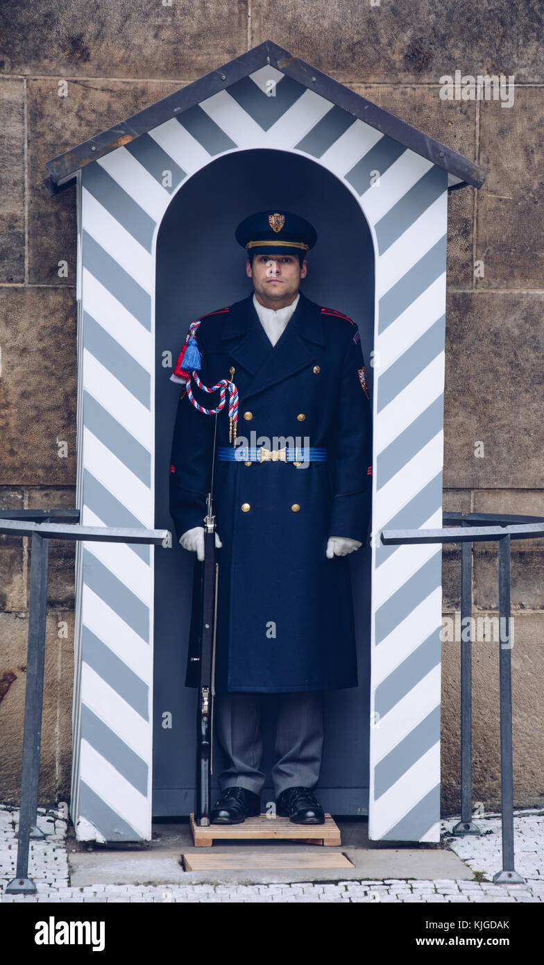 A soldier stands guard at Prague Castle - Czech Republic. Stock Photo