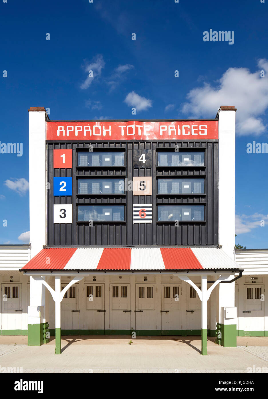 View of Tote board. Originally used to display betting odds / prices. Walthamstow Stadium Housing development, Walthamstow, United Kingdom. Architect: Stock Photo