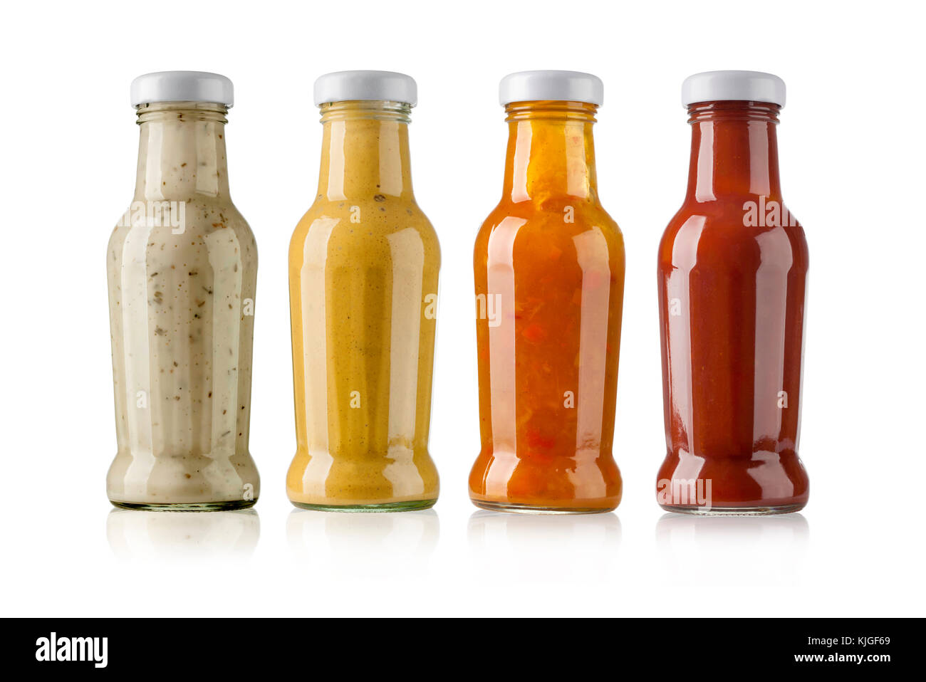 barbecue sauces in glass bottles on white background Stock Photo - Alamy