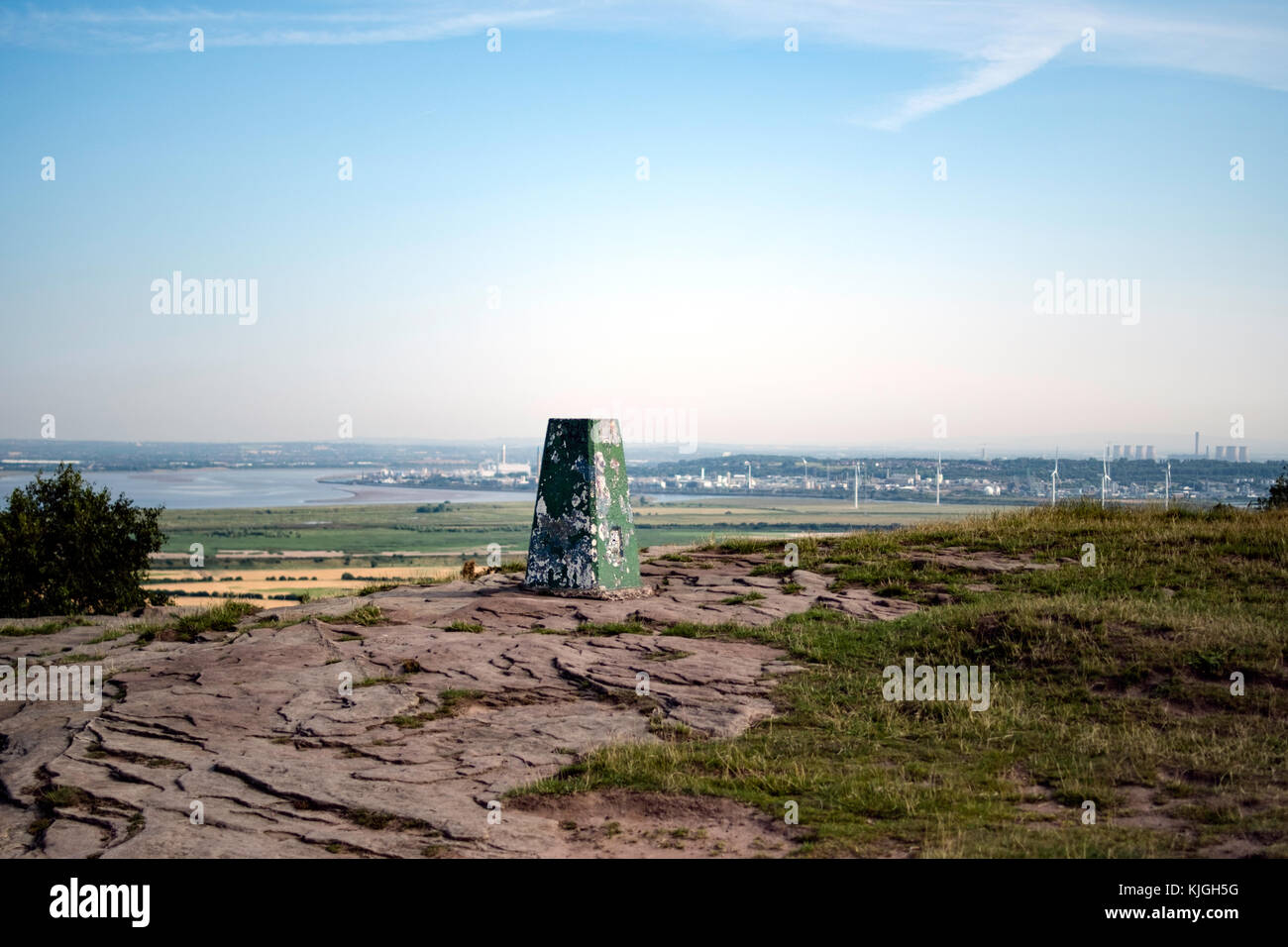 Trig point on Helsby hill overlooking the Mersey estuary, Helsby, Cheshire. Stock Photo