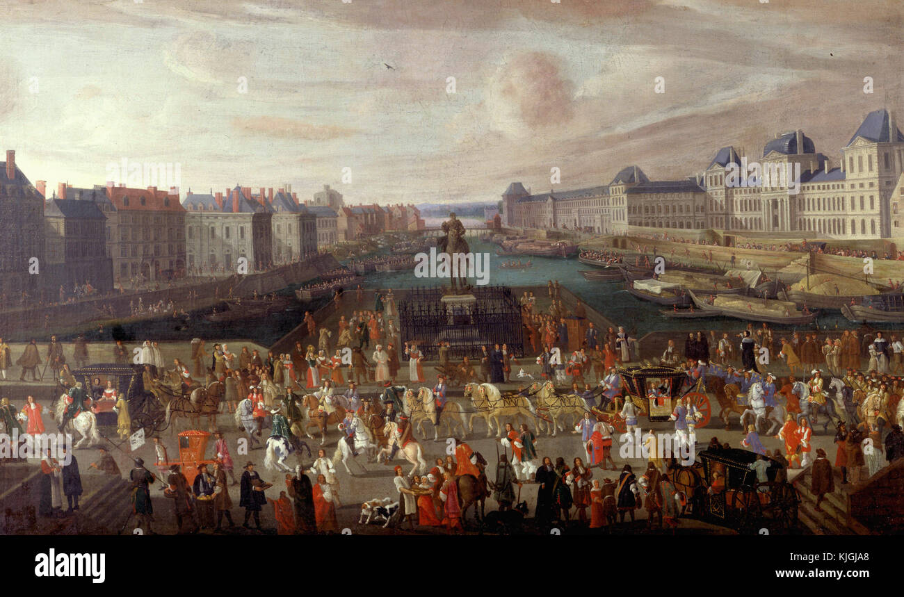 Anonymous, 17th century -  Pont Neuf as seen from the entrance of Place Dauphine, Quai Malaquais and the Collège of Four Nations, Grande Gallerie and Louvre museum. 1665 Paris, musée Carnavalet Stock Photo