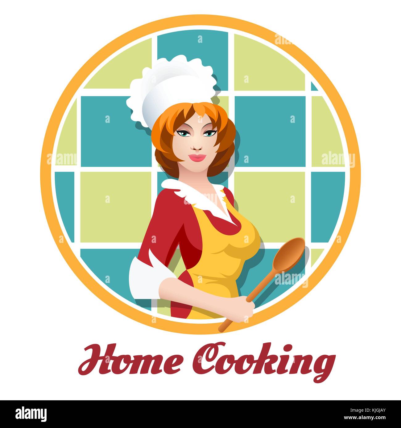 Beautiful woman with cook spoon. Culinary or Home cooking emblem. vector illustration. Stock Vector
