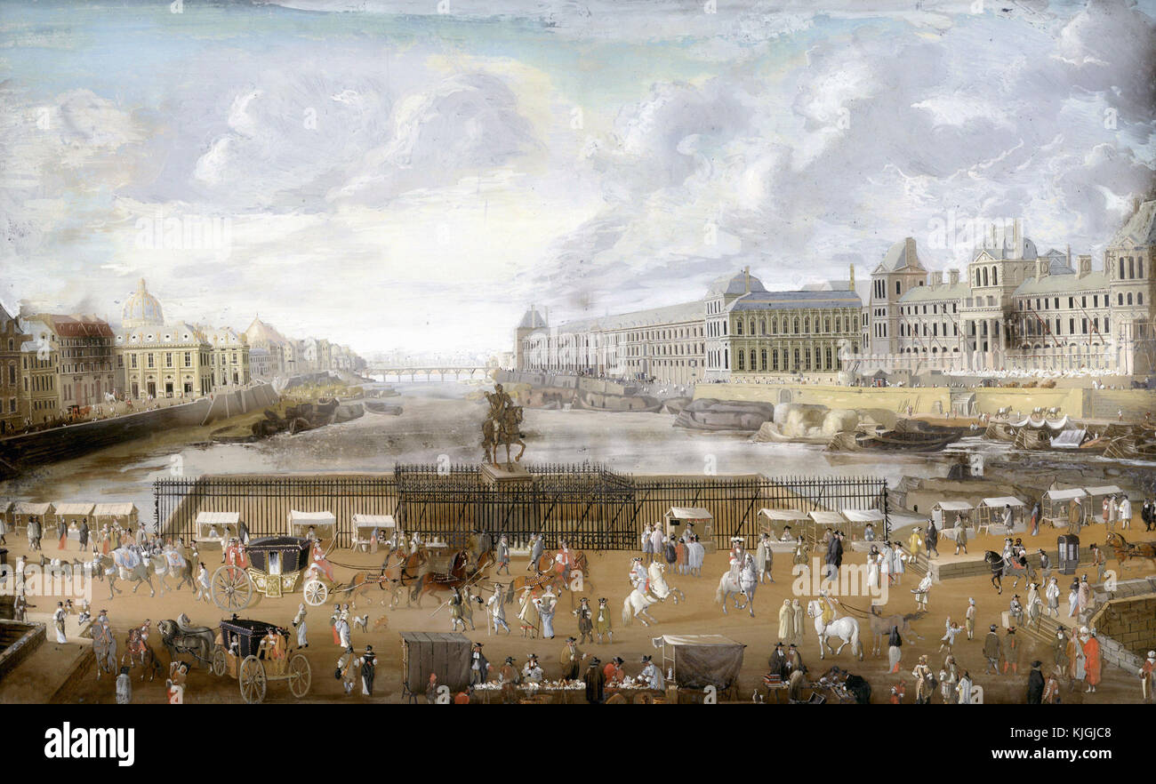 Anonymous, 17th century -  Pont Neuf as seen from the entrance of Place Dauphine, Quai Malaquais and the Collège of Four Nations, Grande Gallerie and Louvre museum. 1669 Paris, musée Carnavalet Stock Photo