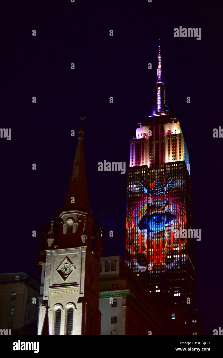 New York City - August 1, 2015: Endangered animals projected onto south side of the Empire State Building in New York City as part of the Racing Extin Stock Photo