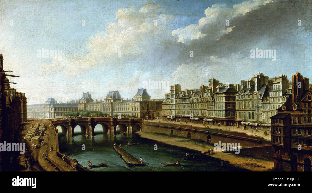 Nicolas Jean-Baptiste Raguenet -  Louvre, Pont Neuf, and Quai des Orfèvres seen from Quai des Grands Augustins, Paris Stock Photo