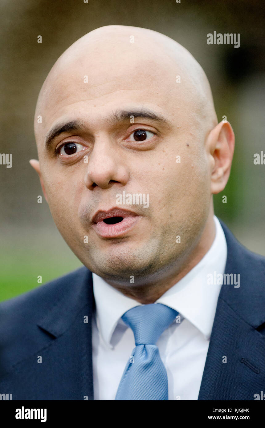 Sajid Javid MP (Con; Secretary of State for Communities and Local Government) on College Green, Westminster, discussing Philip Hammonds budget, 22nd N Stock Photo