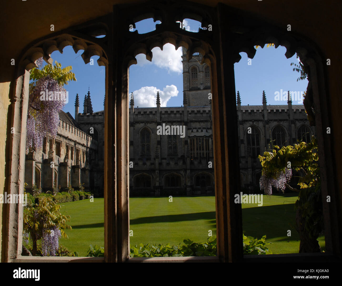 Oxford, United Kingdom - May 18, 2015: View through the window in the Cloister at Magdalen College Stock Photo