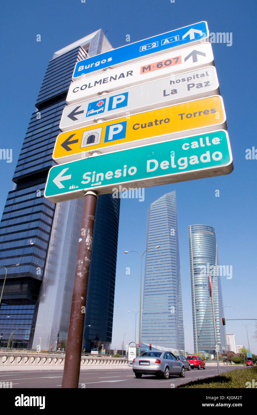 Cuatro Torres Business Area and signpost. Paseo de la Castellana, Madrid,  Spain. Stock Photo