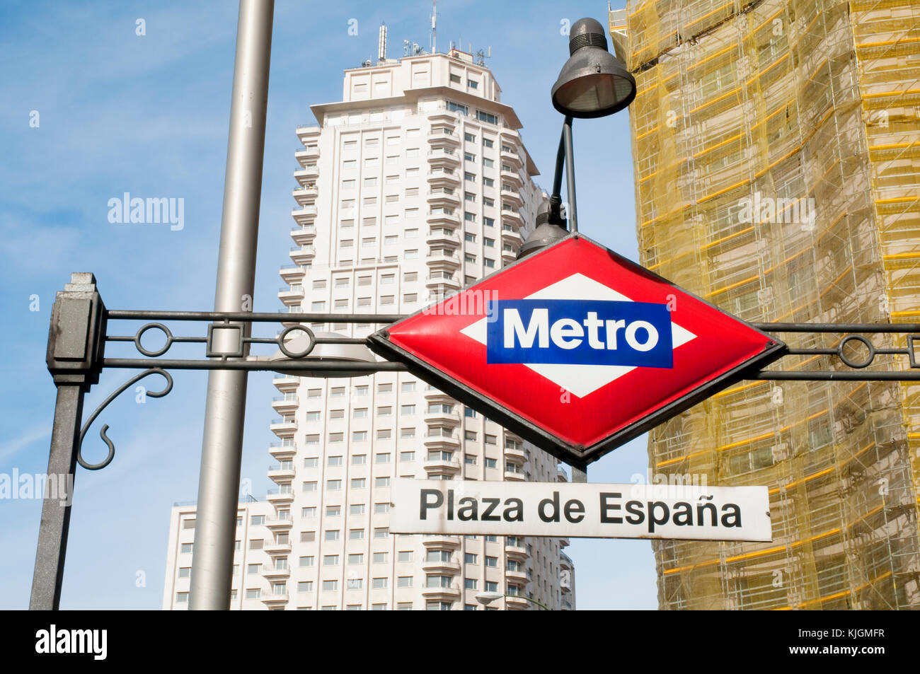 Metro Plaza de España entrance and Torre de Madrid. Gran Vía street, Madrid, Spain. Stock Photo