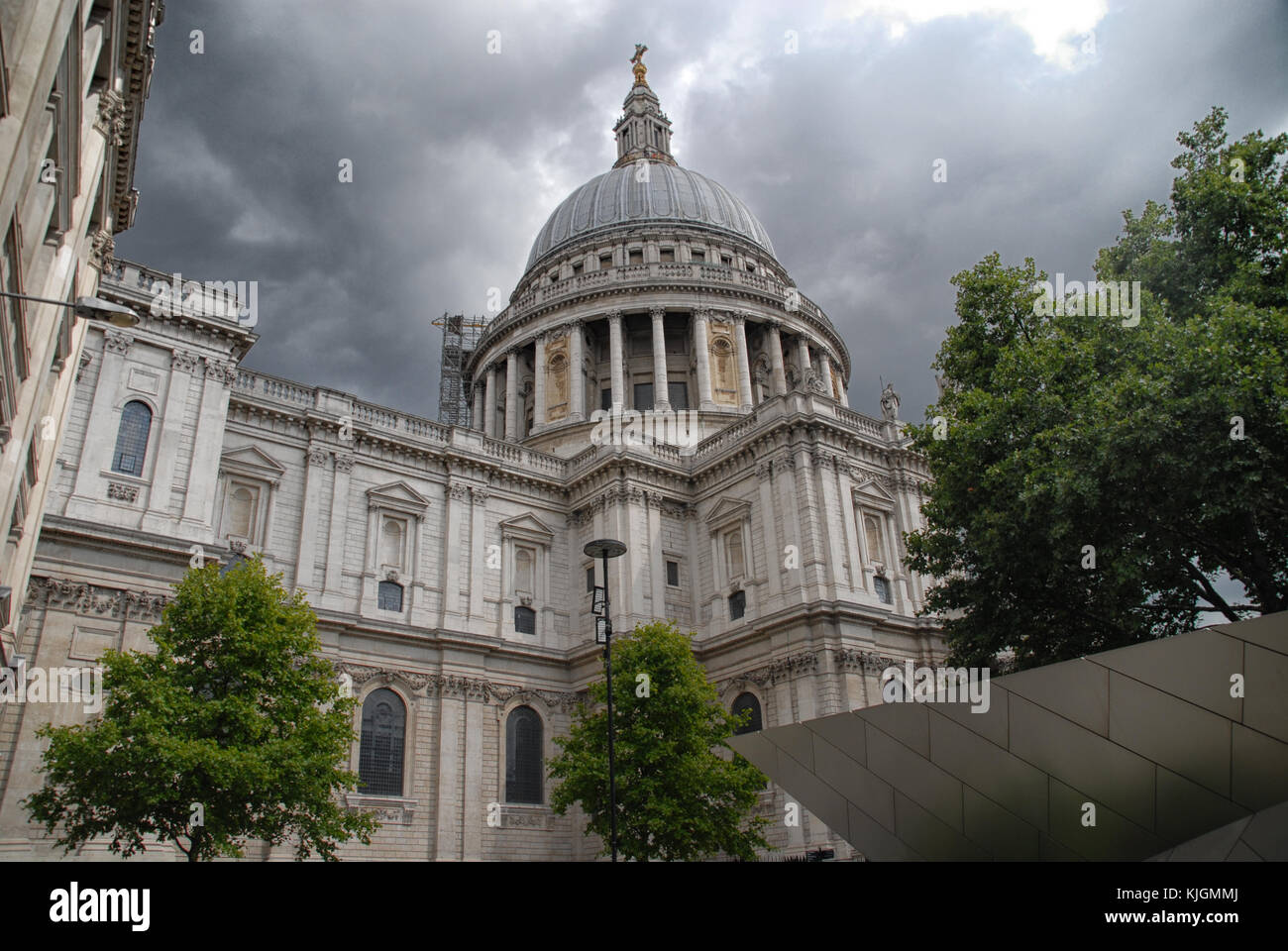 St Paul´s Cathedral under dark clouds seen from below Stock Photo