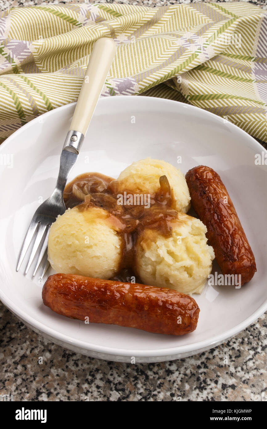 irish version of banger and mash in a deep plate Stock Photo