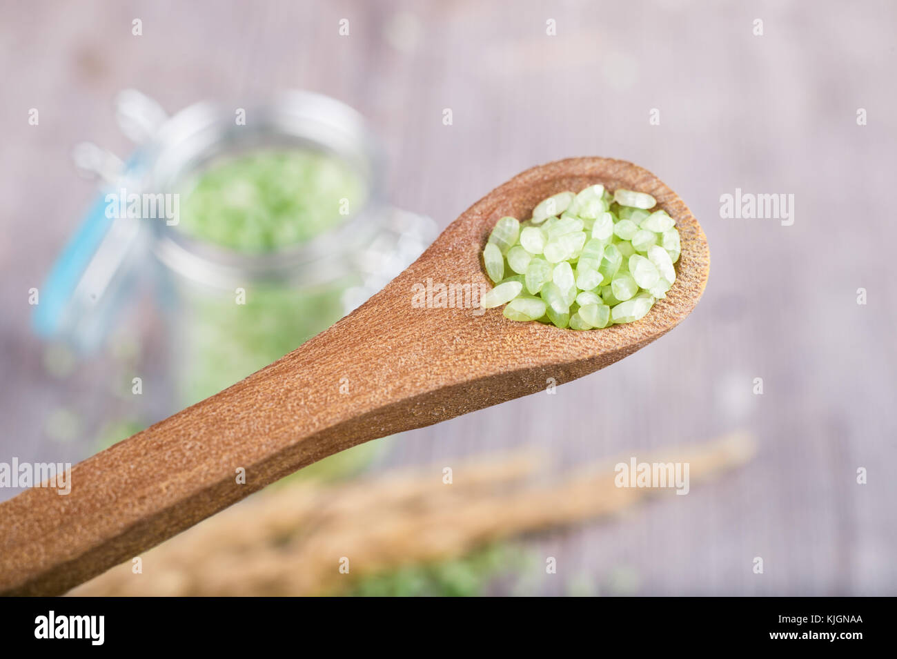 Bamboo or jade pearl rice in a spoon Stock Photo